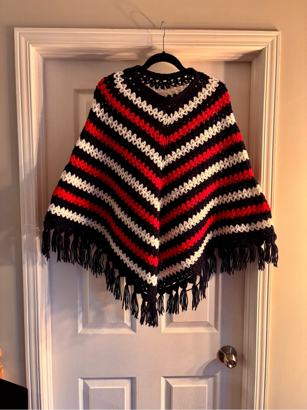 Striped Crochet Fringe Poncho Sweater - Navy, Red & White